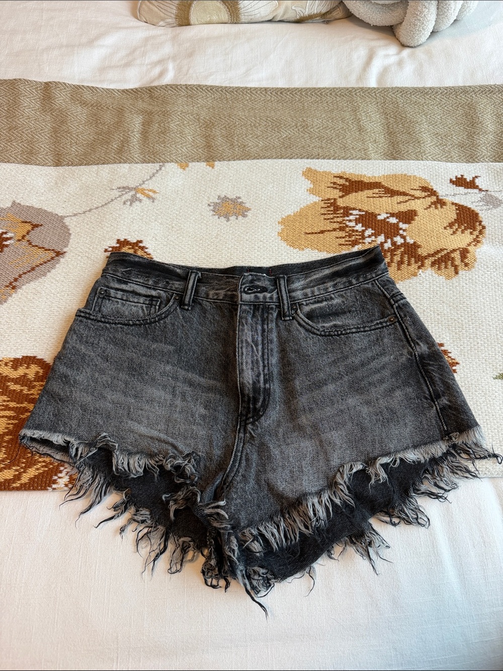 High-Rise Distressed Gray Denim Jean Shorts